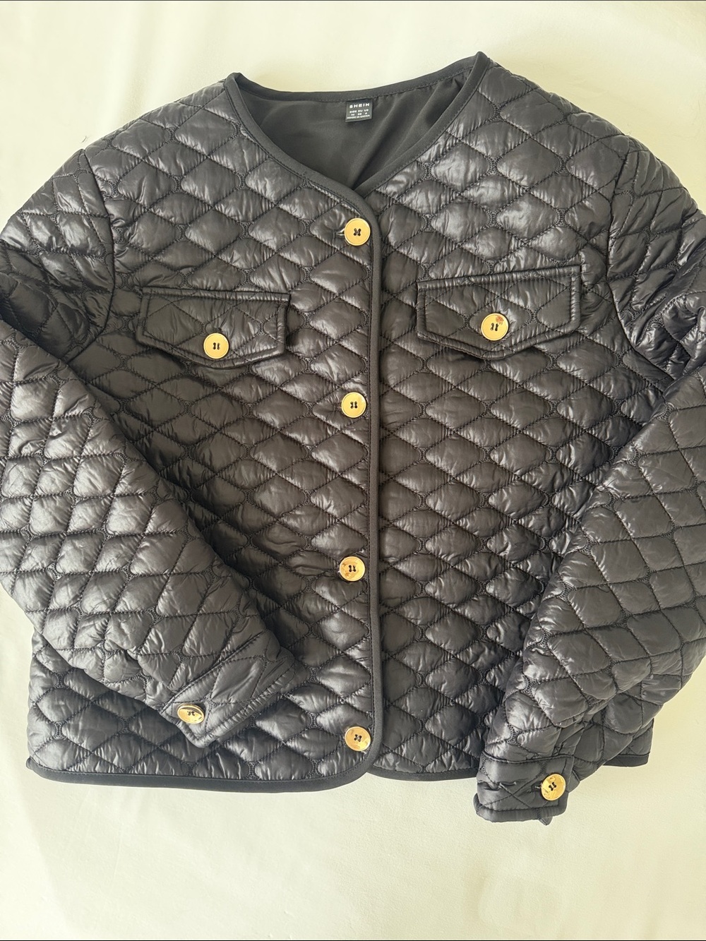 SHEIN Black Quilted Puffer Jacket with Gold Buttons